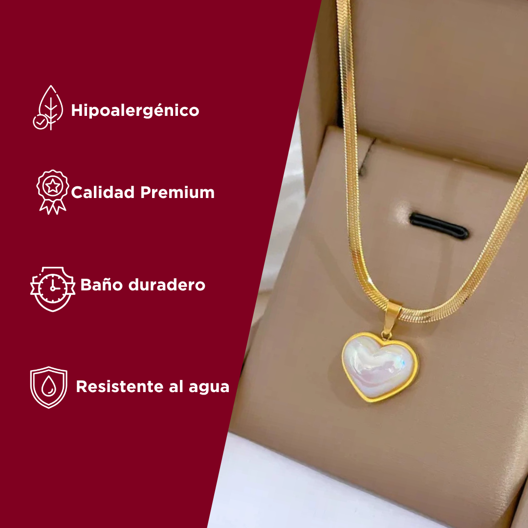 Collar corazón de perla| Baño de oro + caja de lujo gratis.