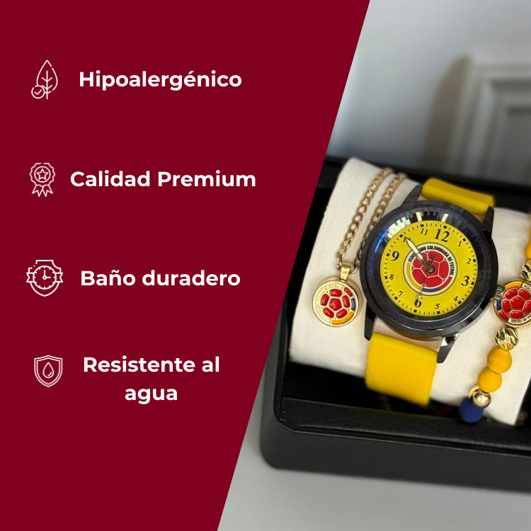 KIT SELECCIÓN COLOMBIA PULSERA, CADENA Y RELOJ BAÑO DE ORO 18K