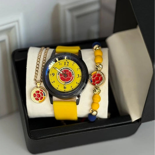 KIT SELECCIÓN COLOMBIA PULSERA, CADENA Y RELOJ BAÑO DE ORO 18K