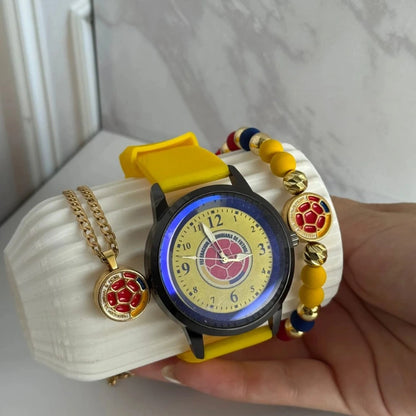 KIT SELECCIÓN COLOMBIA PULSERA, CADENA Y RELOJ BAÑO DE ORO 18K